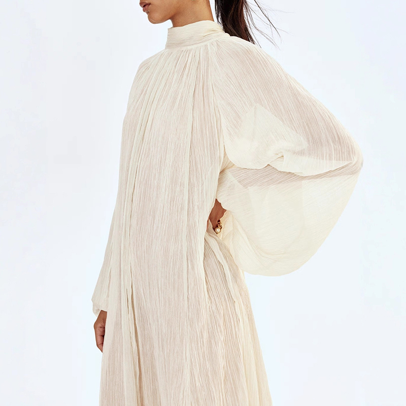 Linen Dress Wrap - Ladies O-neck Long Sleeved Pleated Holiday