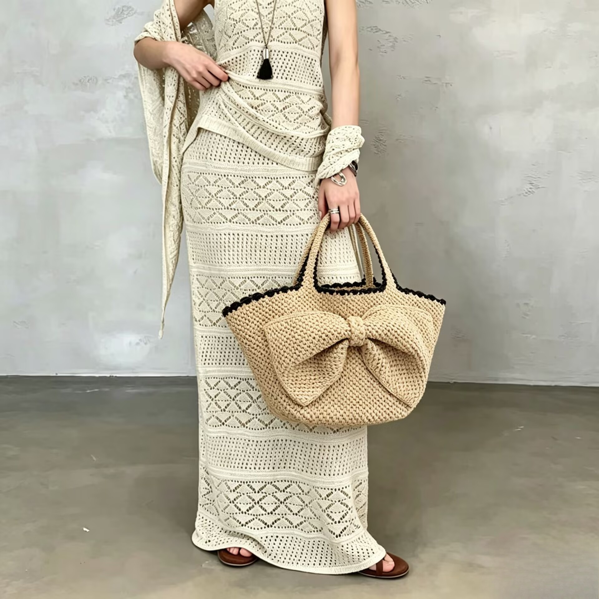 Crochet Bag Raffia - NEW raffia bow crochet handwoven vacation
