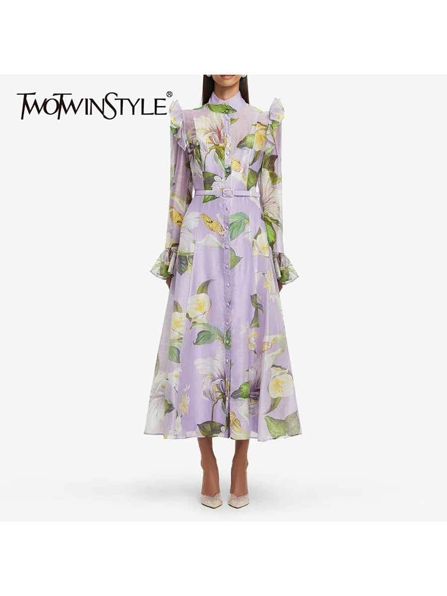 Linen Dress Wrap - TWOTWINSTYLE Printing Spliced Ruffles Casual Dresses