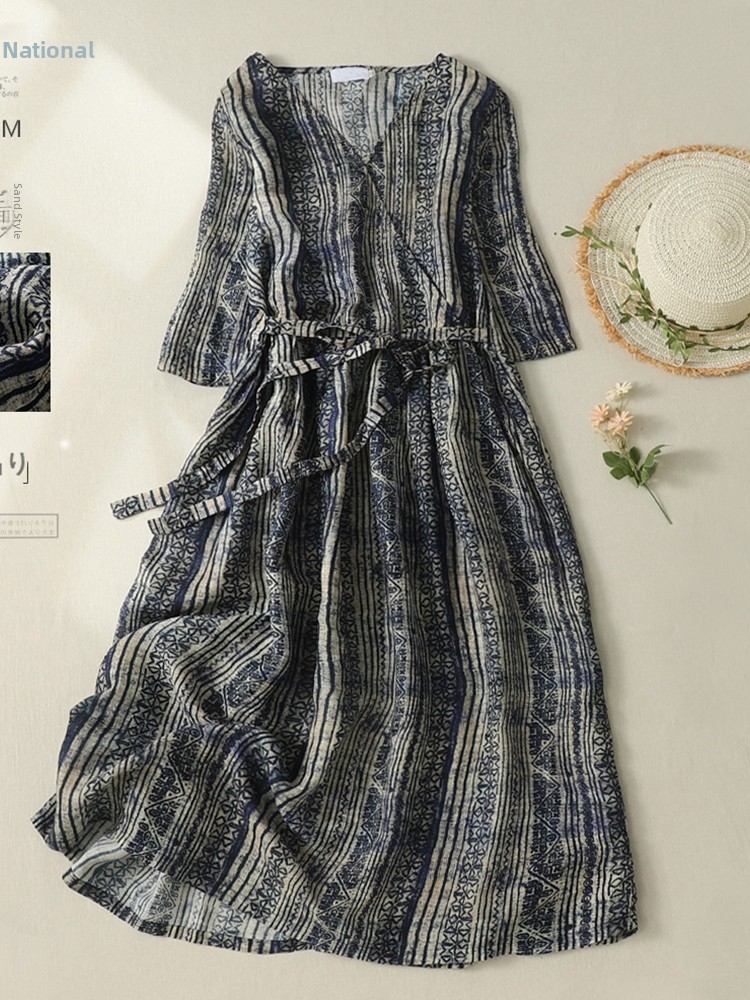 V-Neck Short Sleeve Midi Dress - đánh giá và giá Linen Dress Wrap