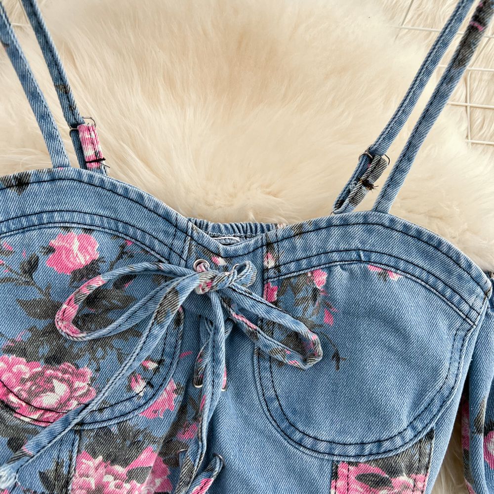 Fashion Floral Print Denim Ski - đánh giá và giá Romper Floral Print