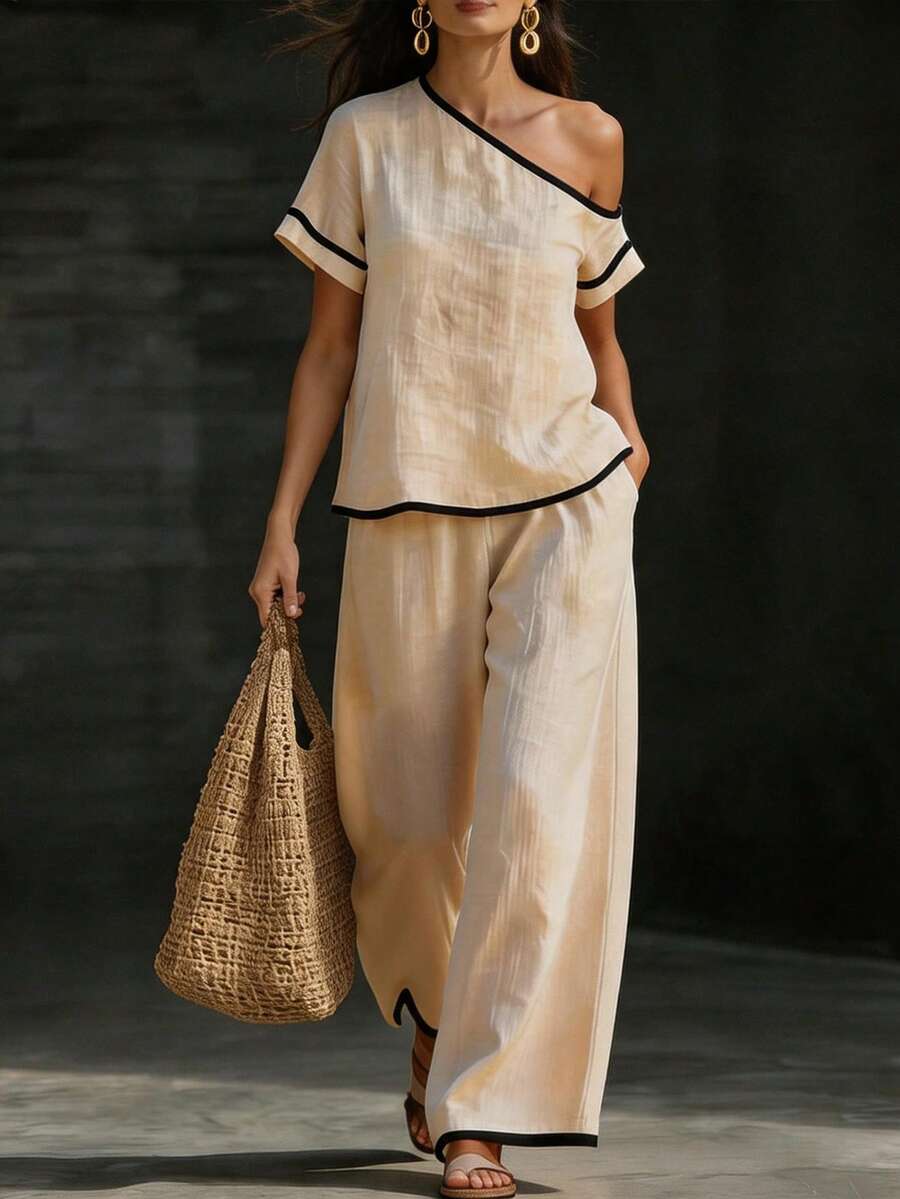 Womens Beige Asymmetric Top An - đánh giá và giá Linen Pant Wide