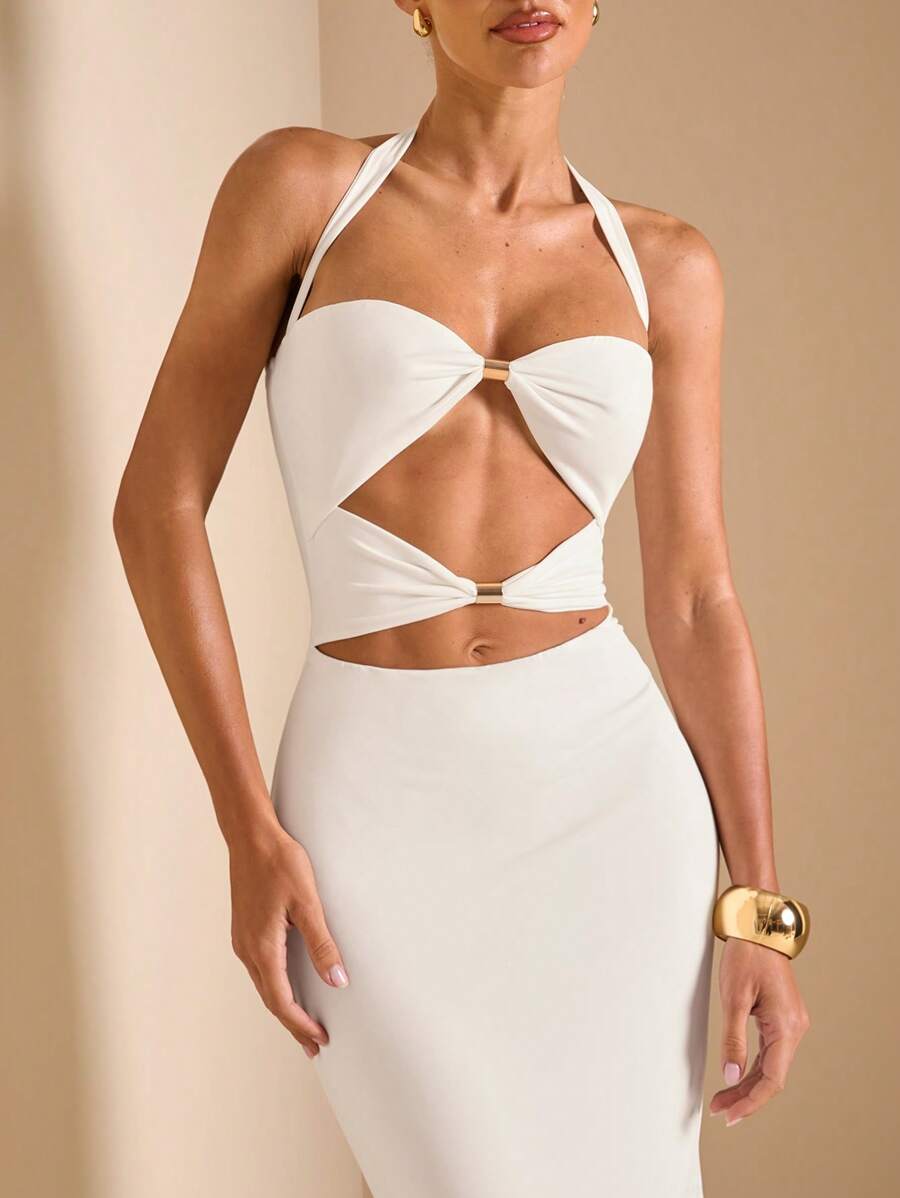 White Cut Out Halter Neck Fitt - đánh giá và giá Maxi Dress Halter