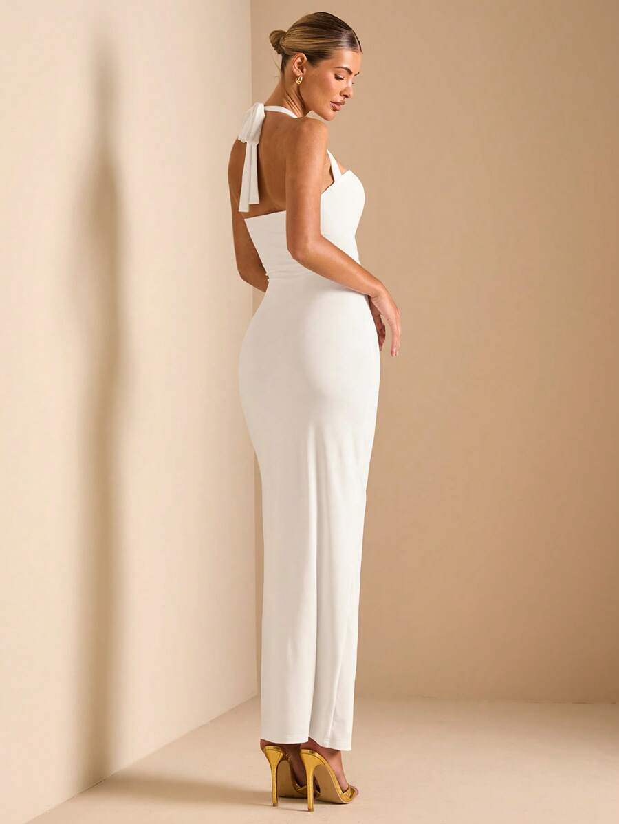 White Cut Out Halter Neck Fitt - đánh giá và giá Maxi Dress Halter
