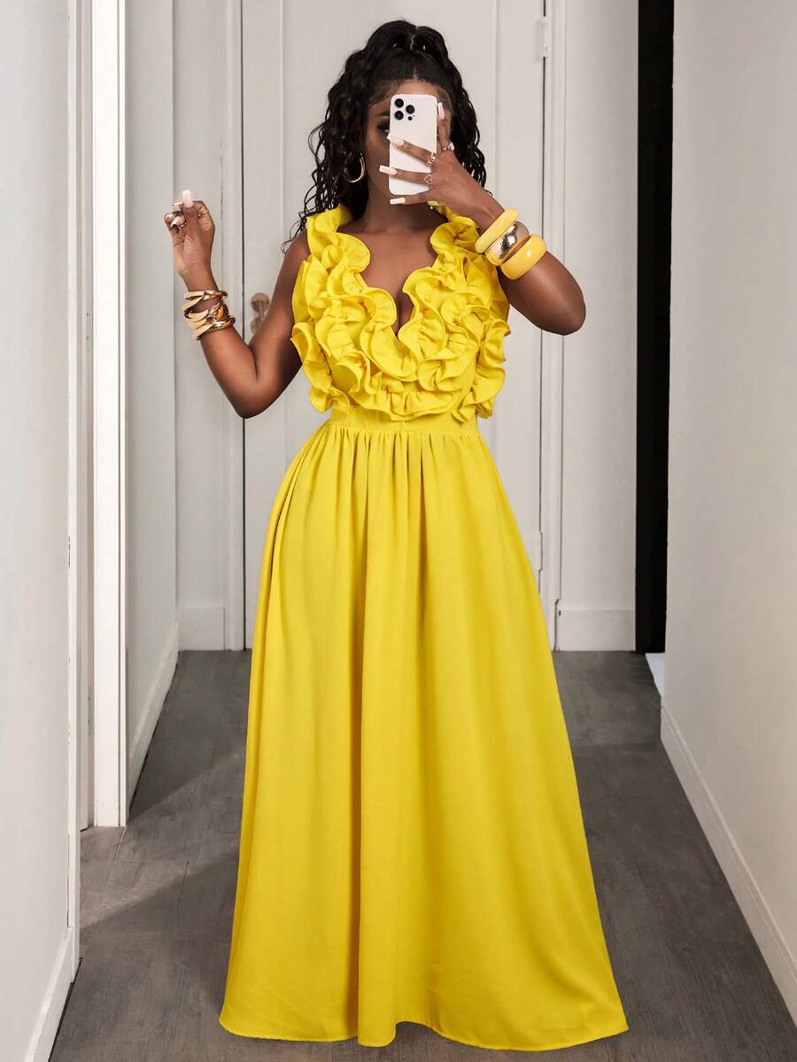 Yellow Deep V-Neck Ruffle Halt - đánh giá và giá Maxi Dress Halter