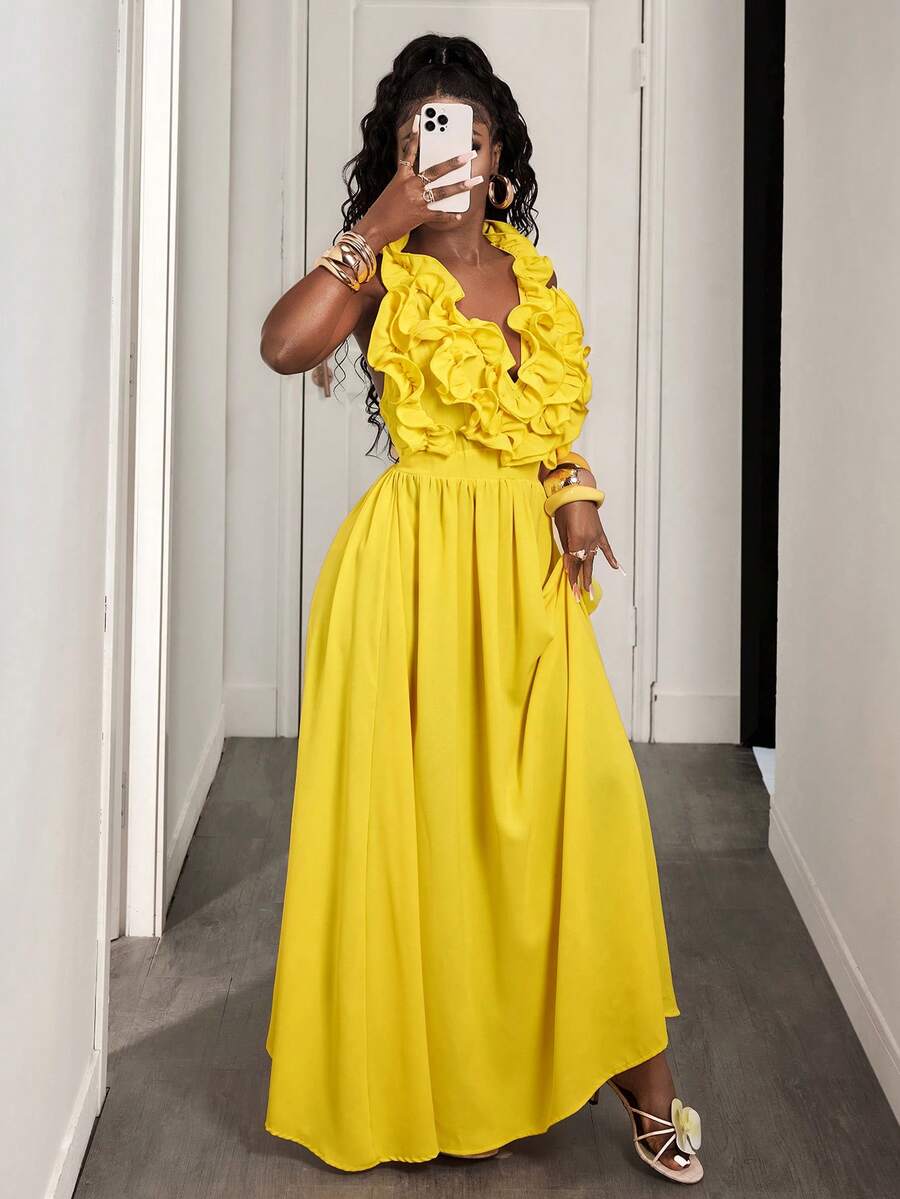 Yellow Deep V-Neck Ruffle Halt - đánh giá và giá Maxi Dress Halter