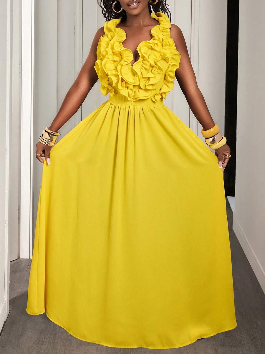 Yellow Deep V-Neck Ruffle Halt - đánh giá và giá Maxi Dress Halter