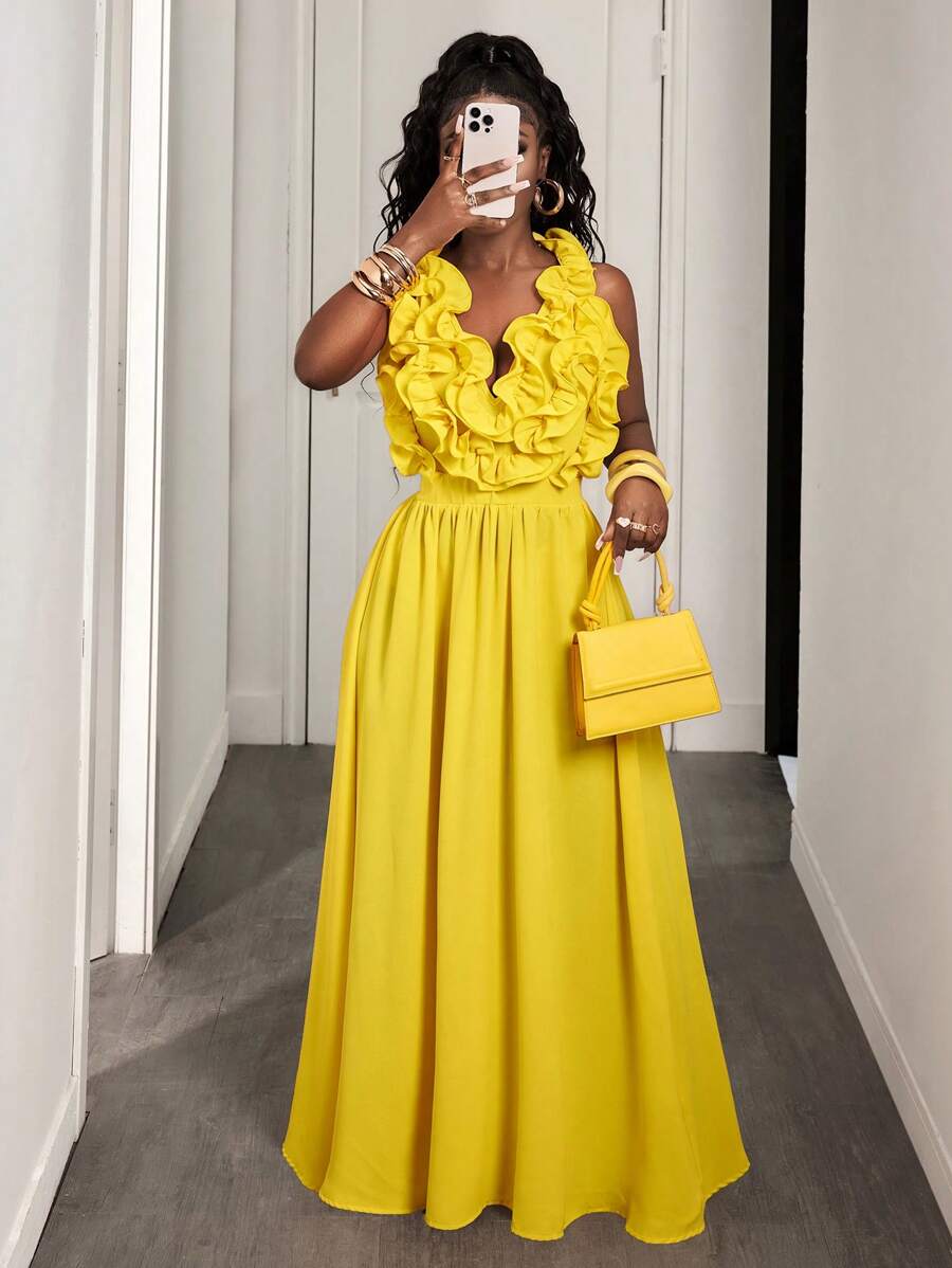 Yellow Deep V-Neck Ruffle Halt - đánh giá và giá Maxi Dress Halter