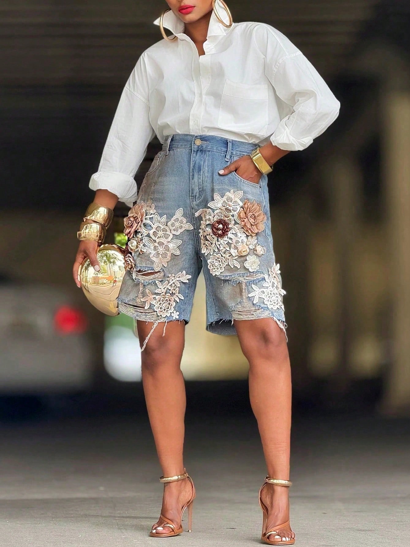 GLOURI Women 3D Floral Appliqu - đánh giá và giá Shorts Denim Frayed