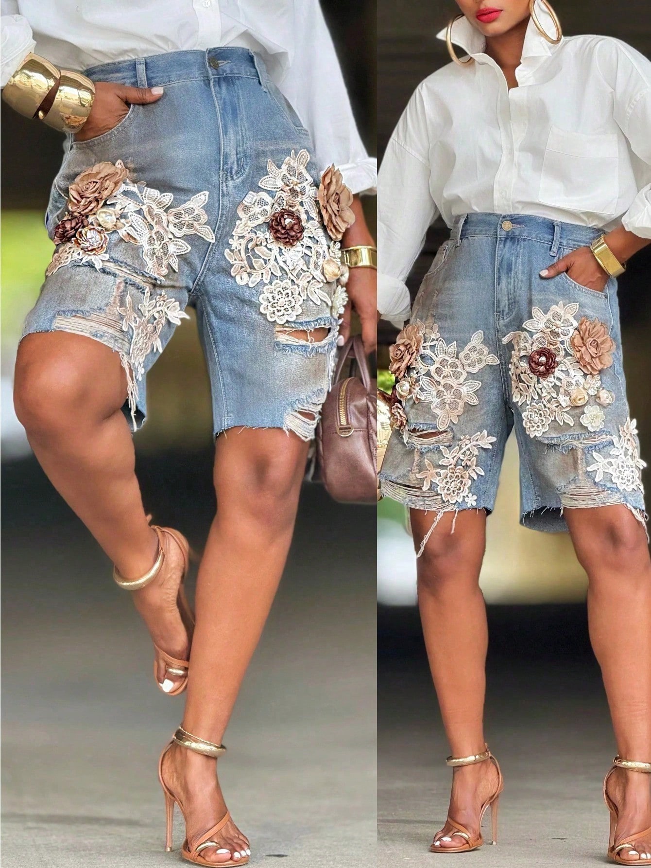 GLOURI Women 3D Floral Appliqu - đánh giá và giá Shorts Denim Frayed