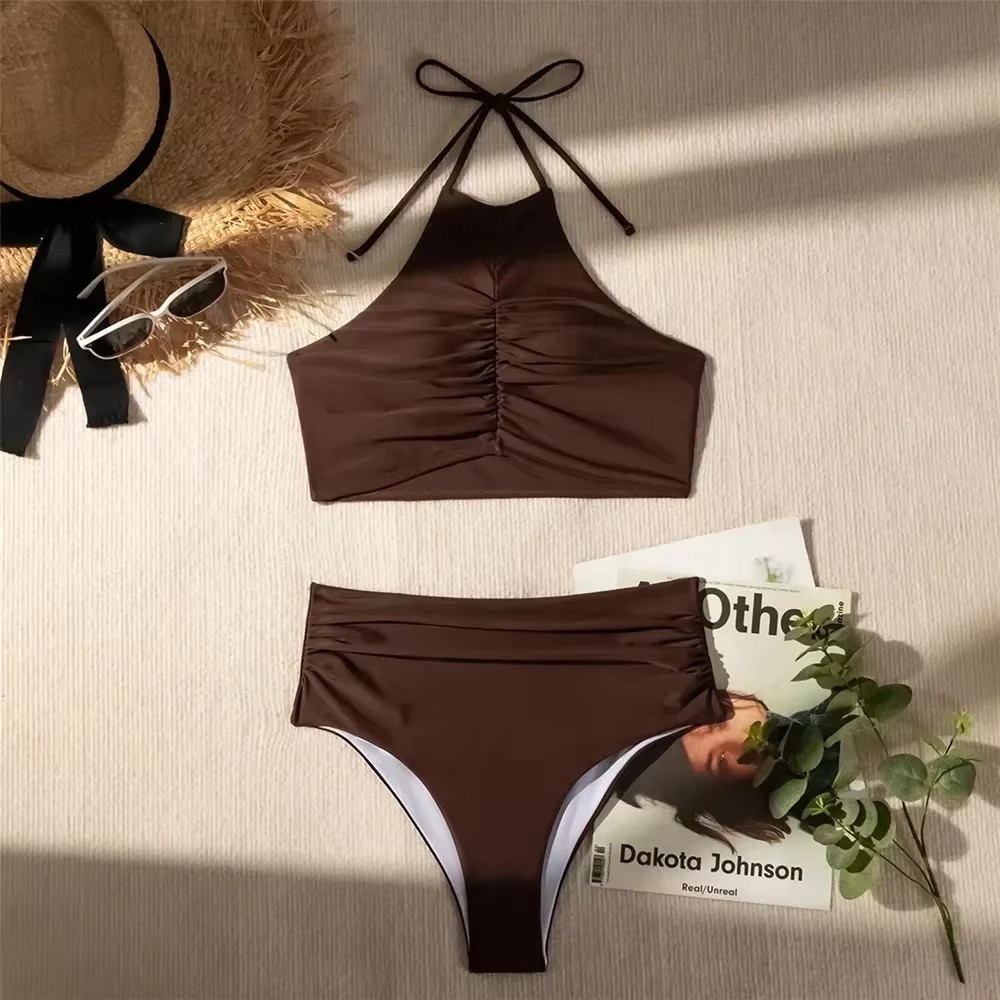 Dark Brown Solid Swimwears Hal - đánh giá và giá Swimsuit Bikini Ruched