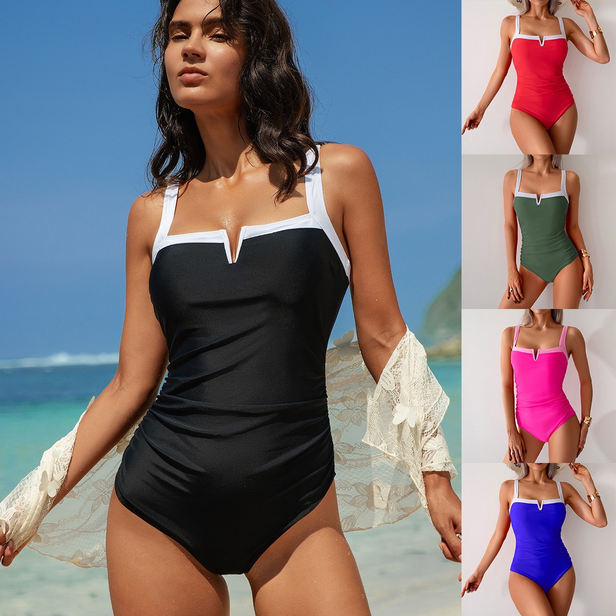 Black Swimsuit V Neck Red Biki - đánh giá và giá Swimsuit Bikini Ruched