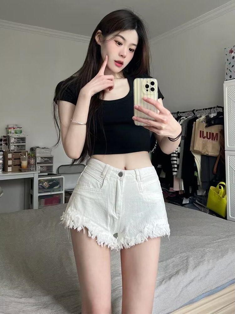 High Waist White Denim Shorts  - đánh giá và giá Shorts Denim Frayed