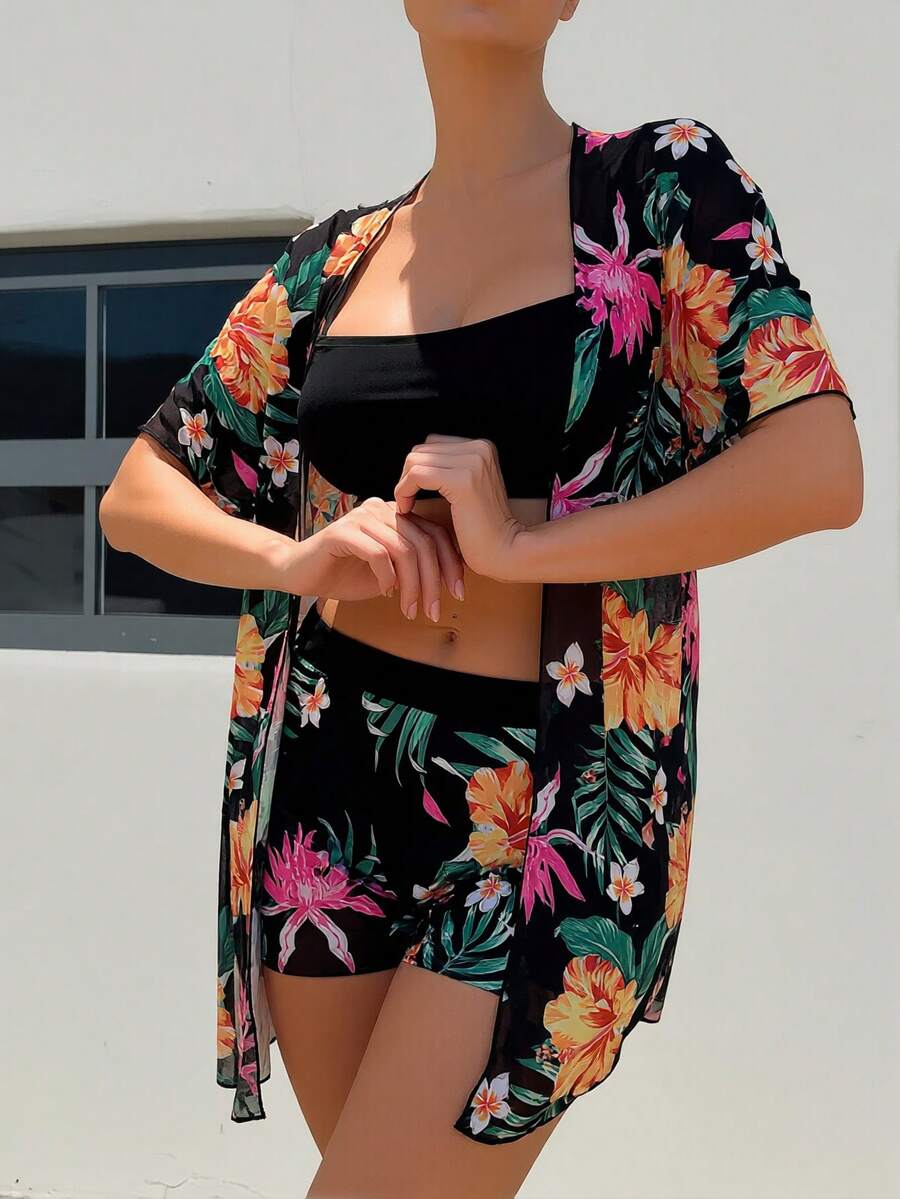 Floral Print 3-Piece Swim Set: - đánh giá và giá Kimono Sheer Floral