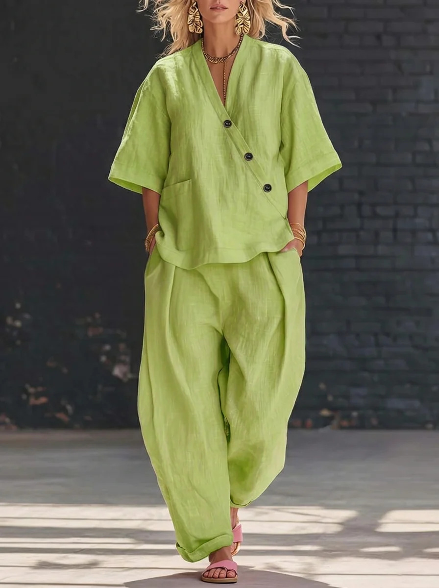 Women’s Two Piece Set Loose V  - đánh giá và giá Linen Pant Wide