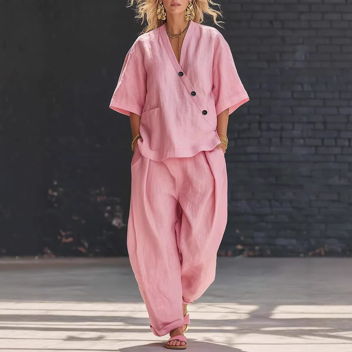 Women’s Two Piece Set Loose V  - đánh giá và giá Linen Pant Wide