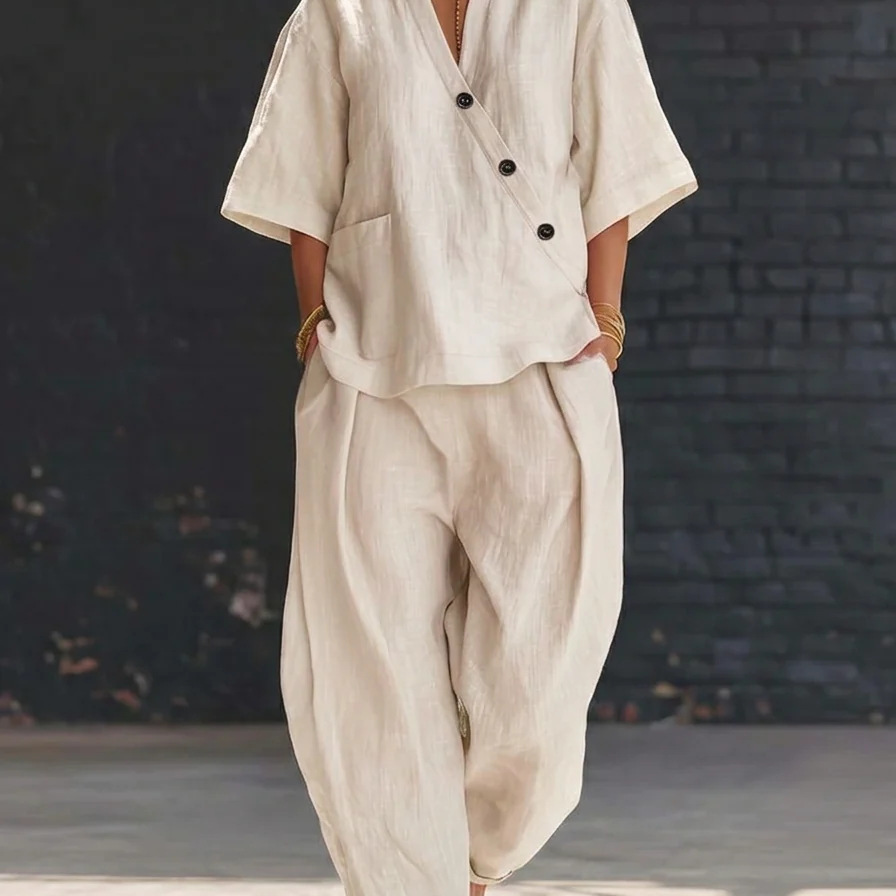 Women’s Two Piece Set Loose V  - đánh giá và giá Linen Pant Wide