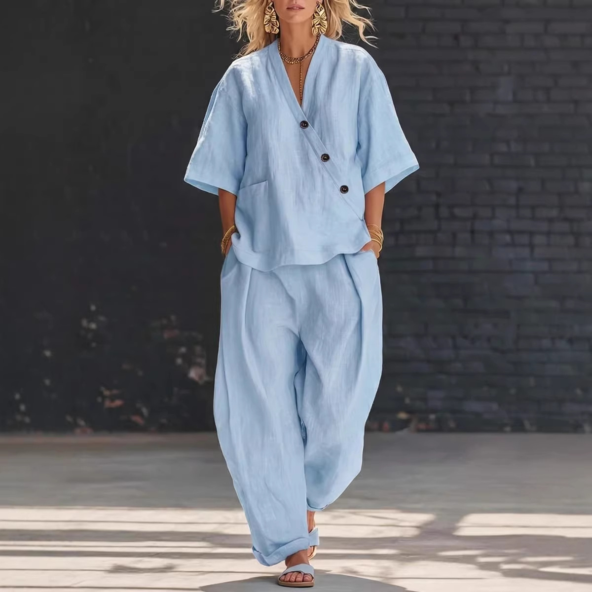 Women’s Two Piece Set Loose V  - đánh giá và giá Linen Pant Wide