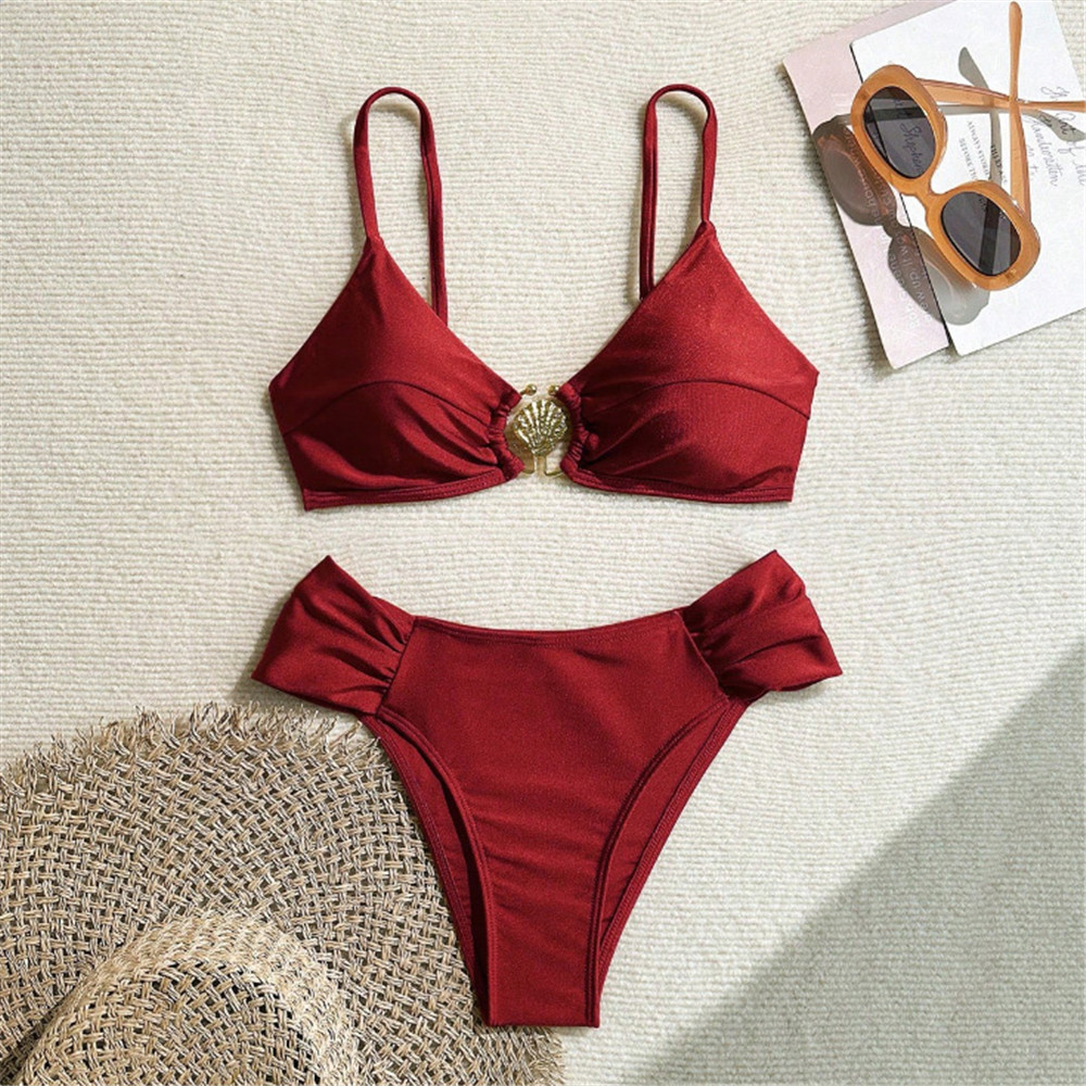 Metal Shell Ring Swimwear Sexy - đánh giá và giá Swimsuit Bikini Ruched