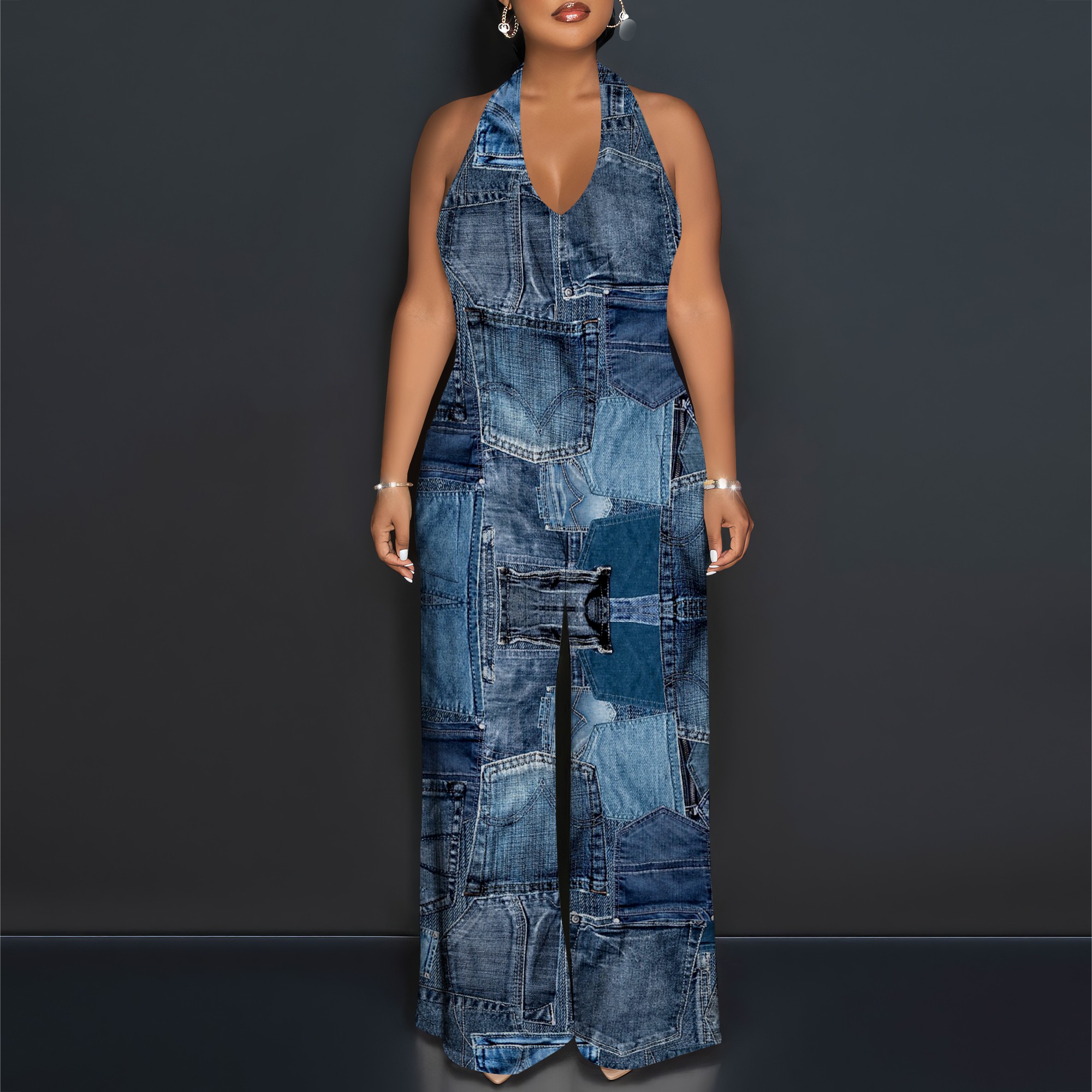 Denim Patchwork Halter V-Neck  - đánh giá và giá Maxi Dress Halter