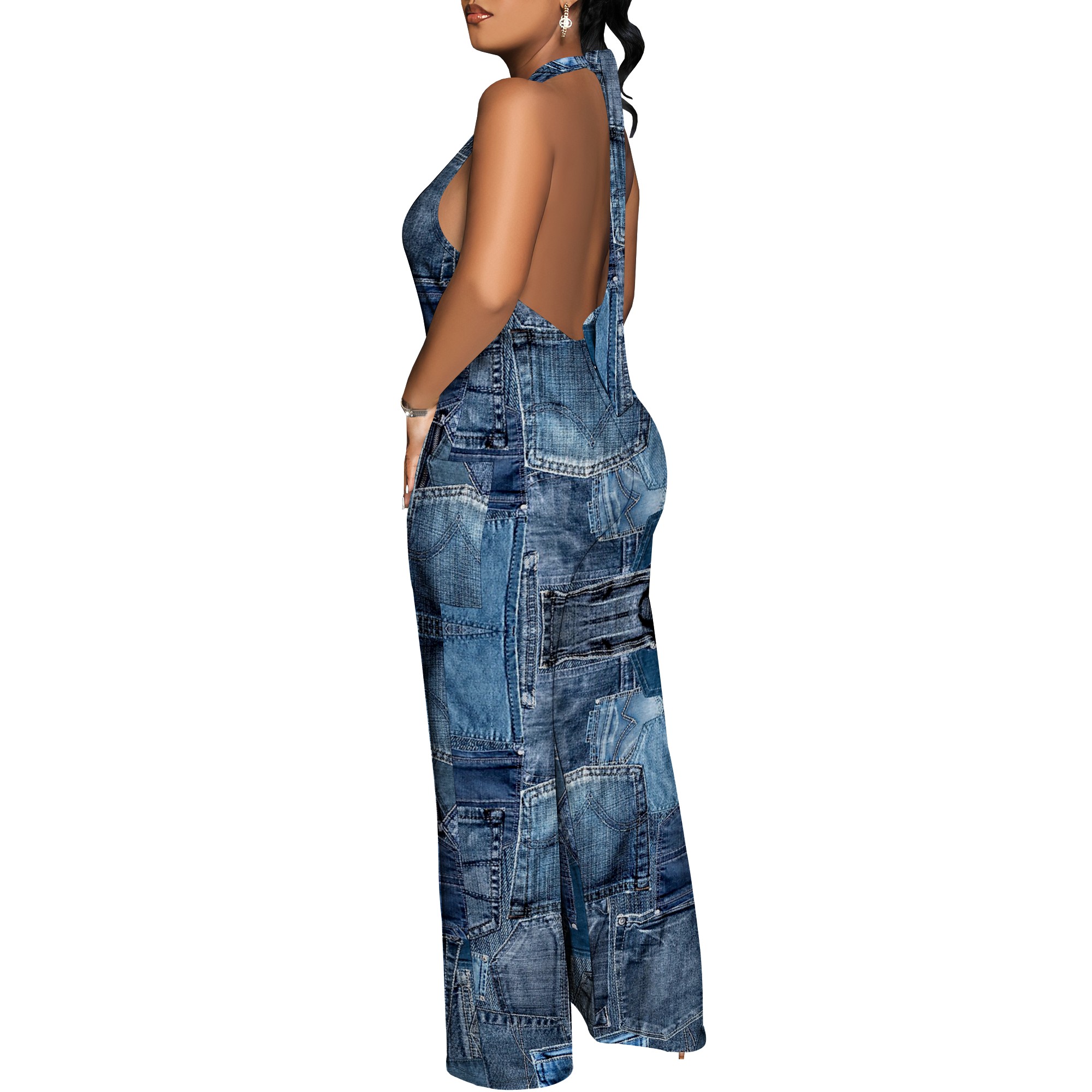 Denim Patchwork Halter V-Neck  - đánh giá và giá Maxi Dress Halter