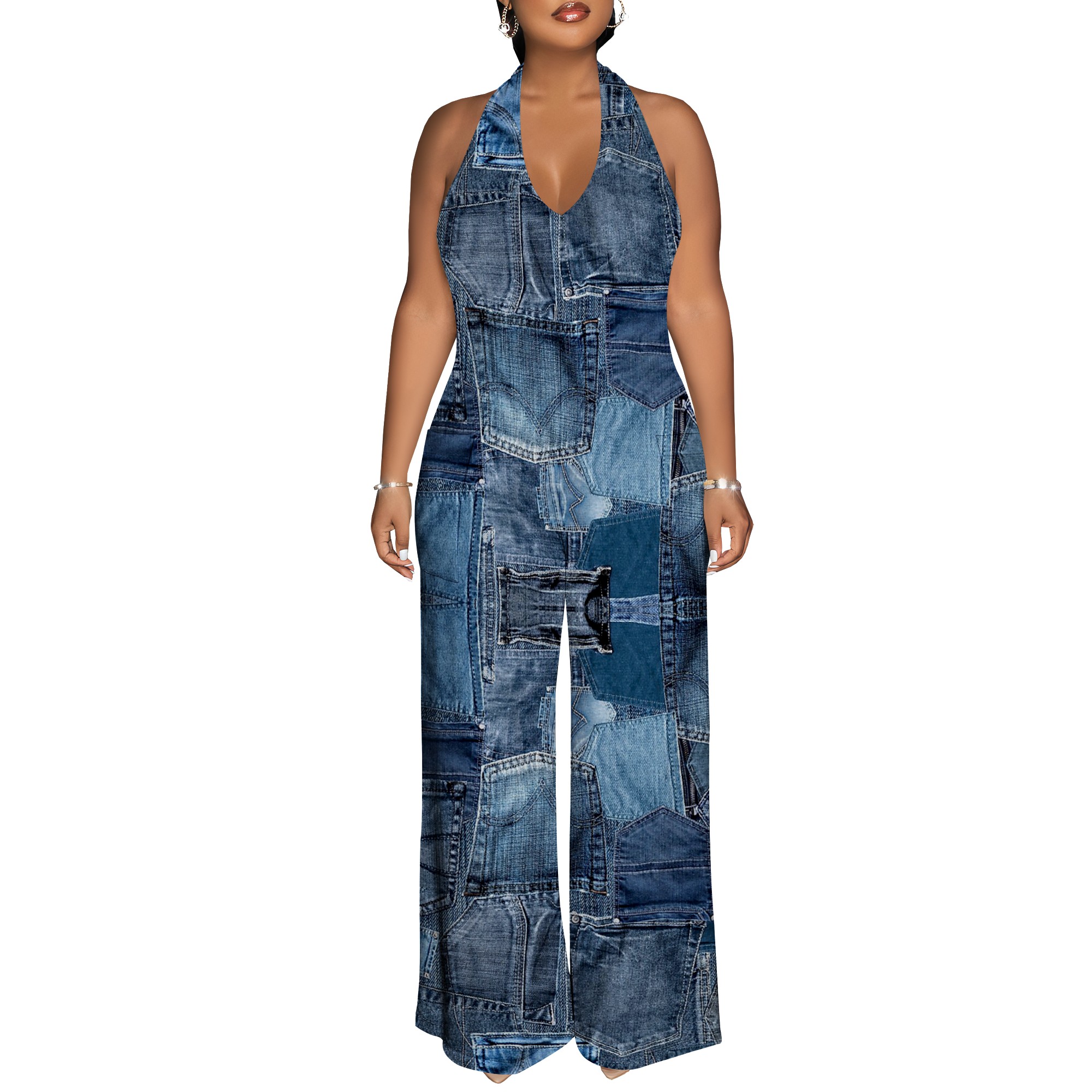 Denim Patchwork Halter V-Neck  - đánh giá và giá Maxi Dress Halter