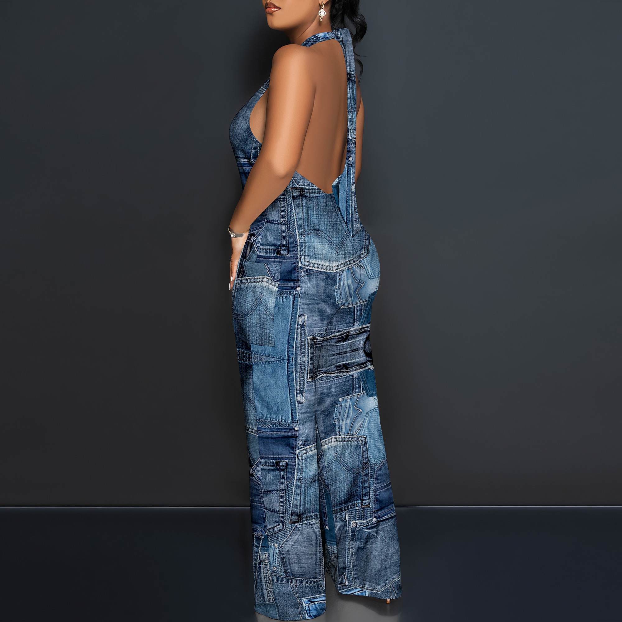 Denim Patchwork Halter V-Neck  - đánh giá và giá Maxi Dress Halter