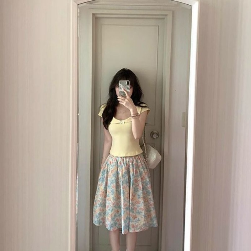 Women 2 Piece Set Bow Top And  - đánh giá và giá Midi Skirt Floral