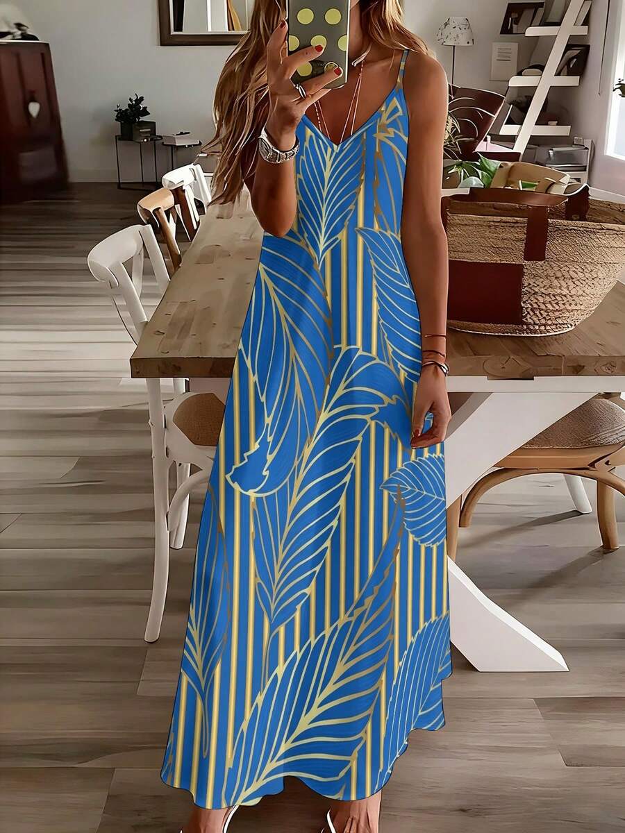 Blue Tropical Leaf Print V-Nec - đánh giá và giá Maxi Dress Halter